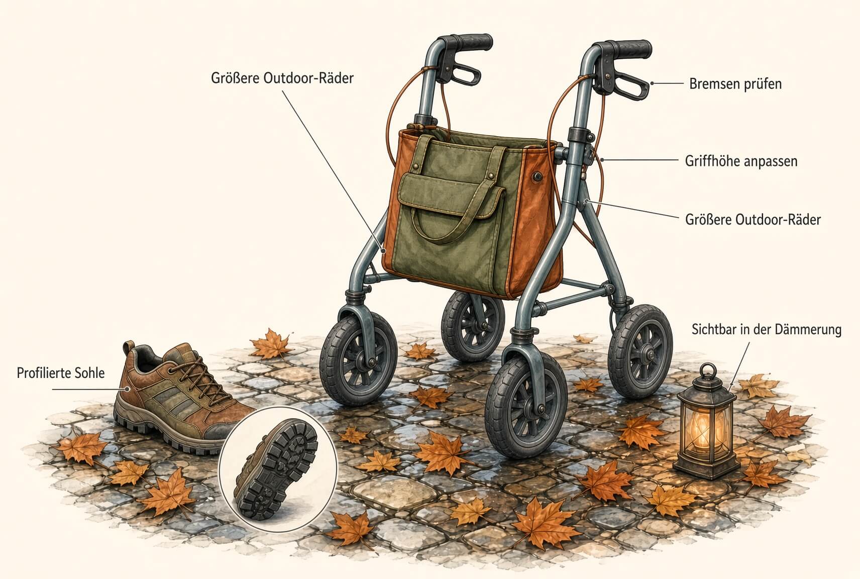 Nasse Wege, Laub und frühe Dunkelheit: So bleiben Sie im Herbst sicher mobil. Tipps zu Schuhen, Gehhilfen und Rollatoren vom Sanitätshaus Bergisch Gladbach.